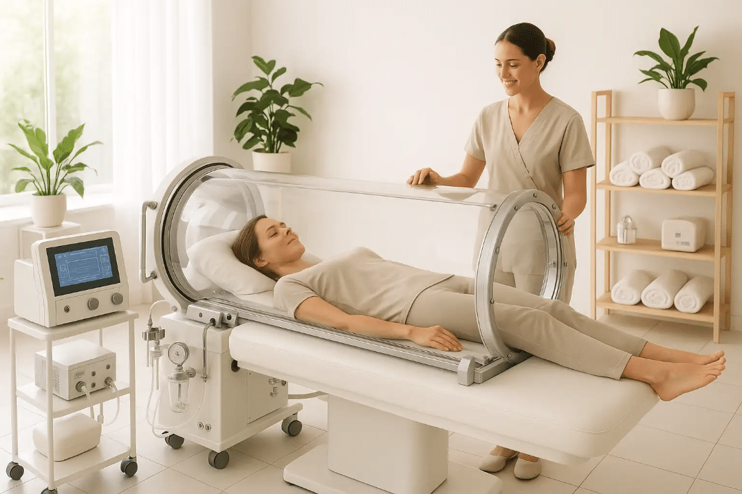 Alt text: A supportive technician assists a relaxed client inside a transparent hyperbaric oxygen chamber in a bright, serene wellness center room with digital controls, medical equipment, and clean white tile floor, illustrating a professional yet calming atmosphere for hyperbaric therapy.
