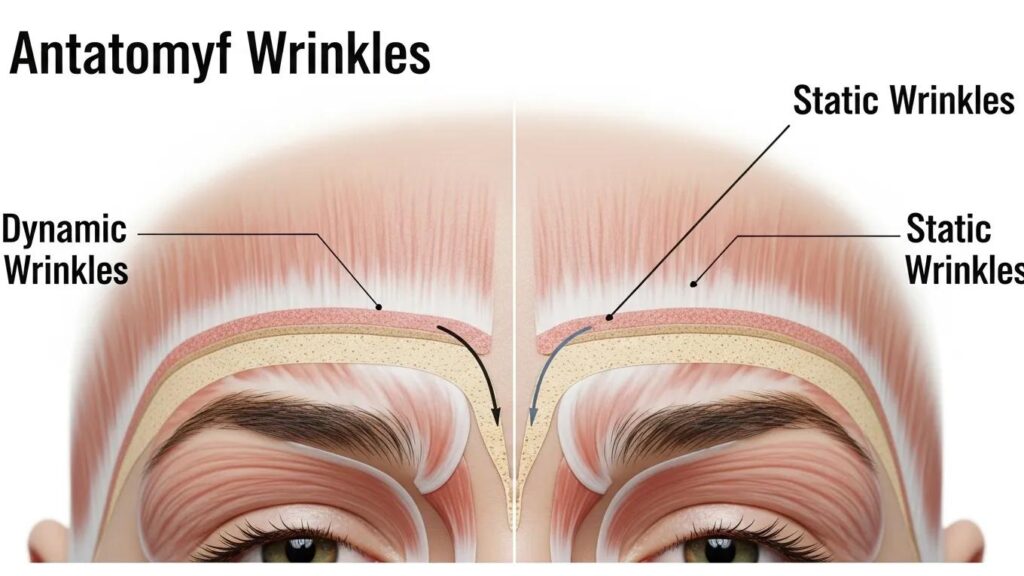 Anatomical illustration of dynamic and static wrinkles on the forehead, highlighting treatment areas for Botox in Winchester, VA.