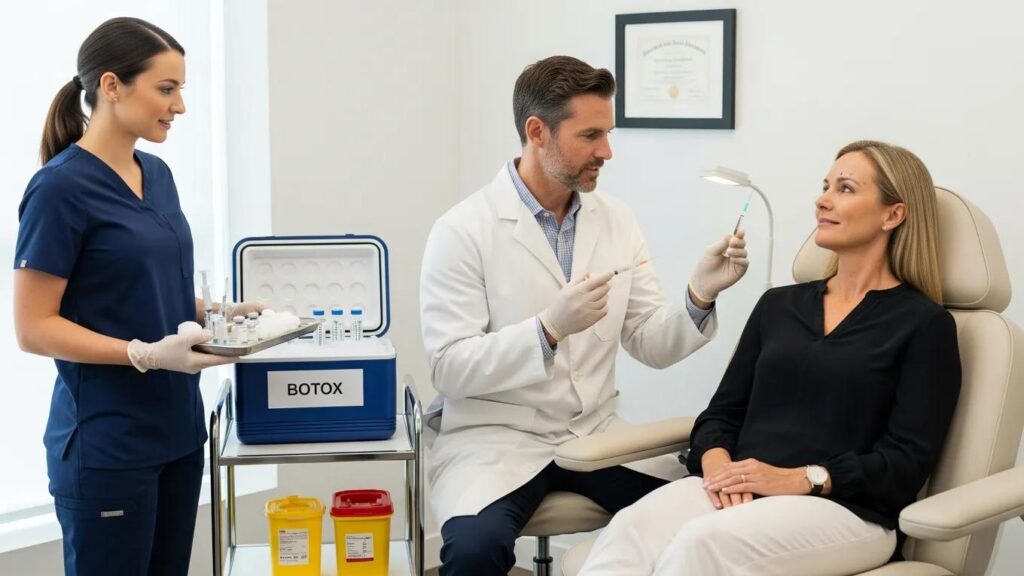 Botox treatment consultation in Winchester, VA, featuring a physician preparing an injection while a patient observes, with a nurse assisting.