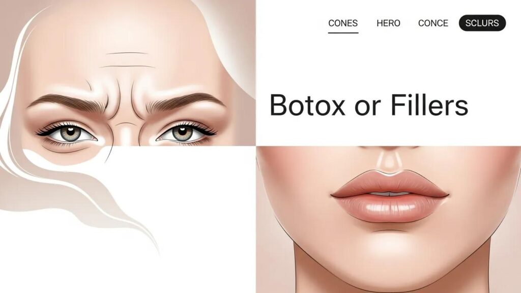 Illustration comparing effects of Botox and dermal fillers, showcasing forehead wrinkles and plump lips, relevant to cosmetic treatments in Winchester, VA.